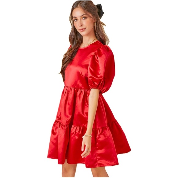 Satin Tiered Puff Sleeve Mini Dress Red - Picture 3 of 6